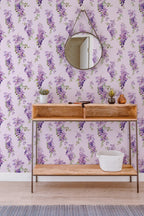 Papel de parede glicínias lilás fundo rosa suave