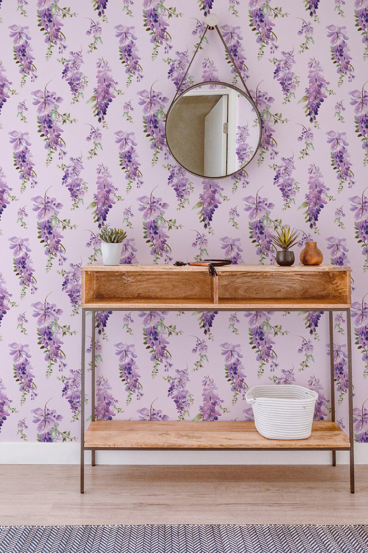 Papel de parede glicínias lilás fundo rosa suave