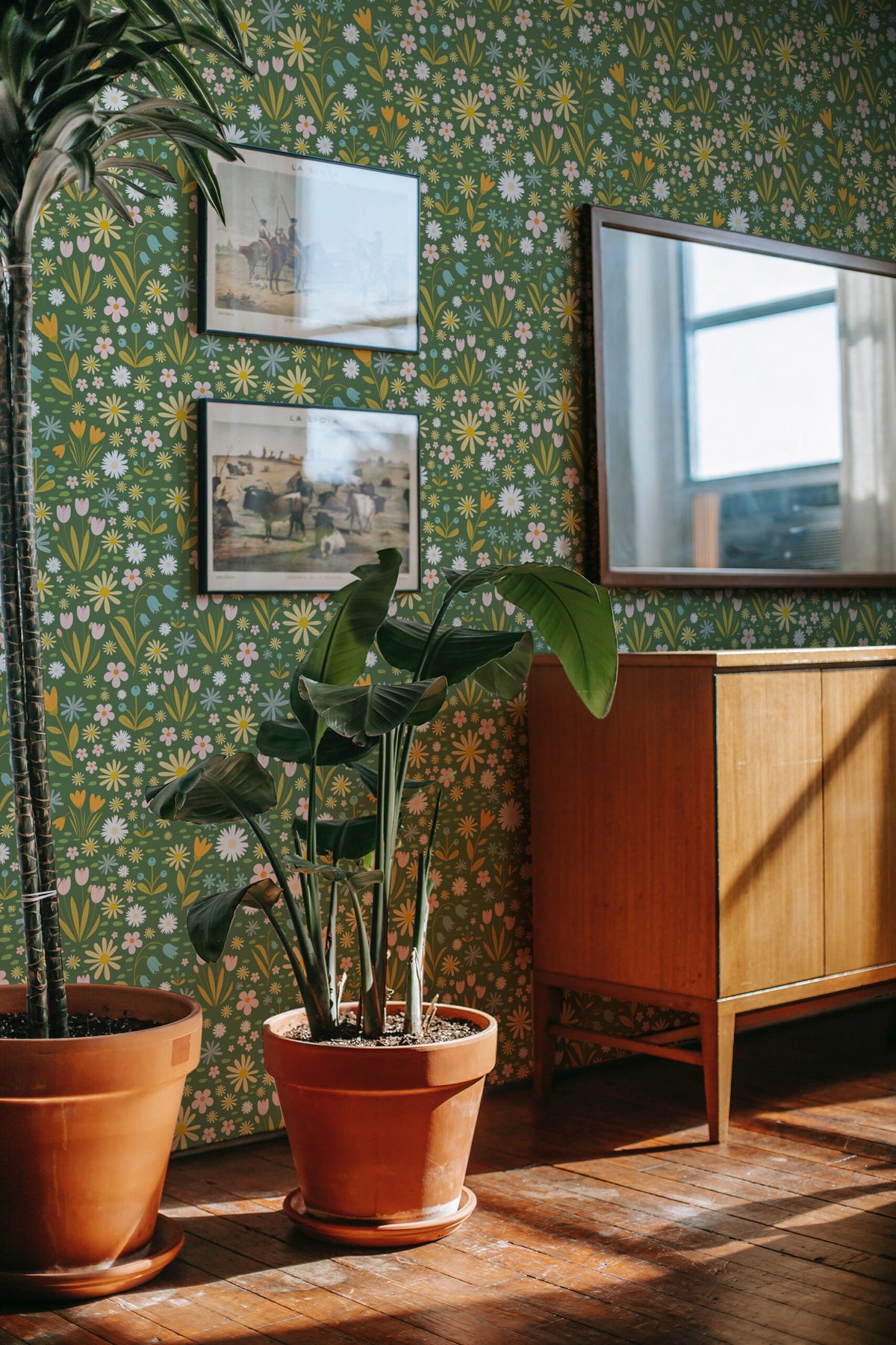 Papel de parede floral verde-oliva estilo jardim
