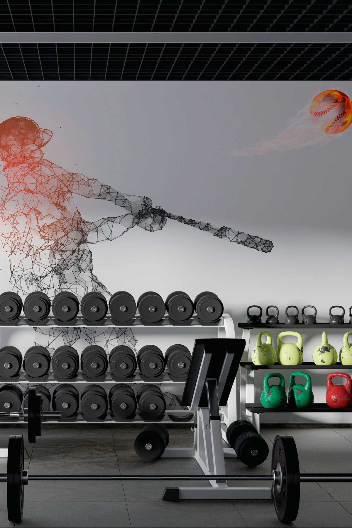 Motivo de basebol geométrico cinzento e laranja em mural de parede
