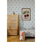 Papel de parede riscas azuis com cerejas infantil