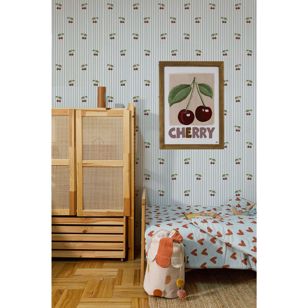 Papel de parede riscas azuis com cerejas infantil