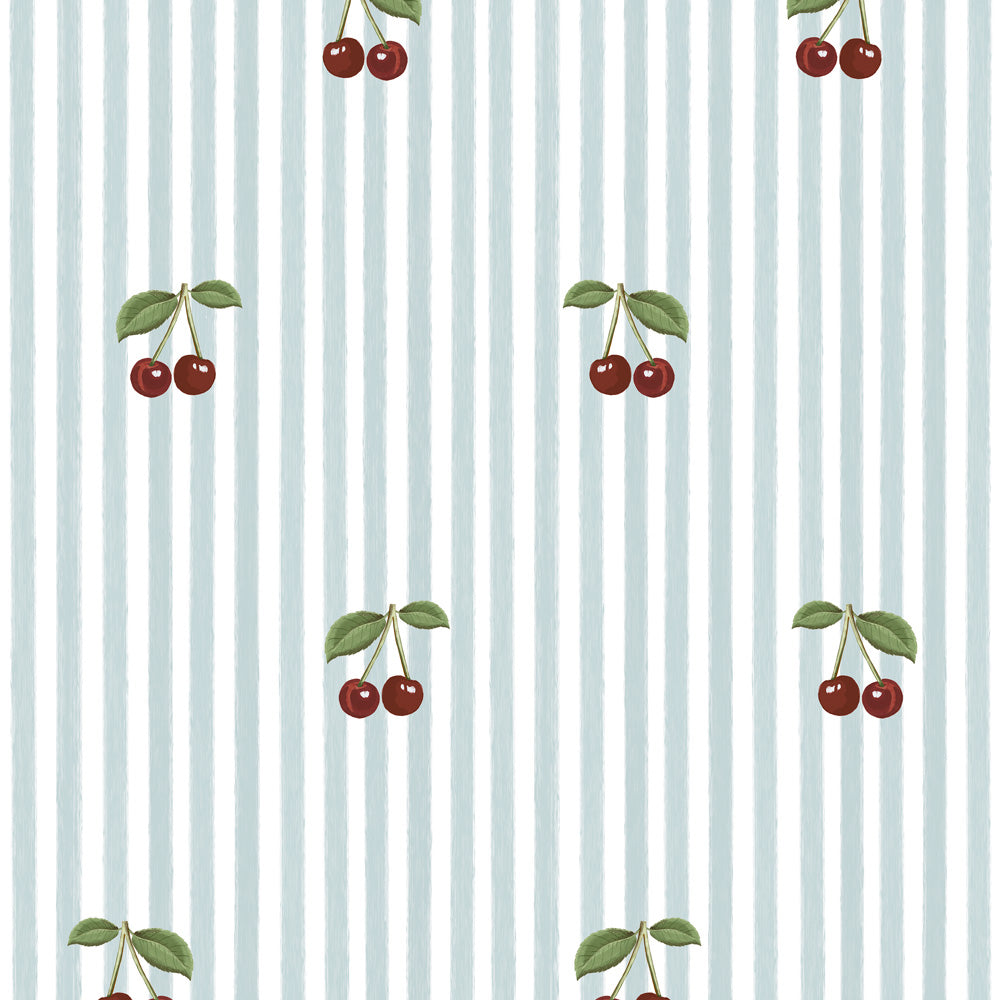 Papel de parede riscas azuis com cerejas infantil — imagem 2