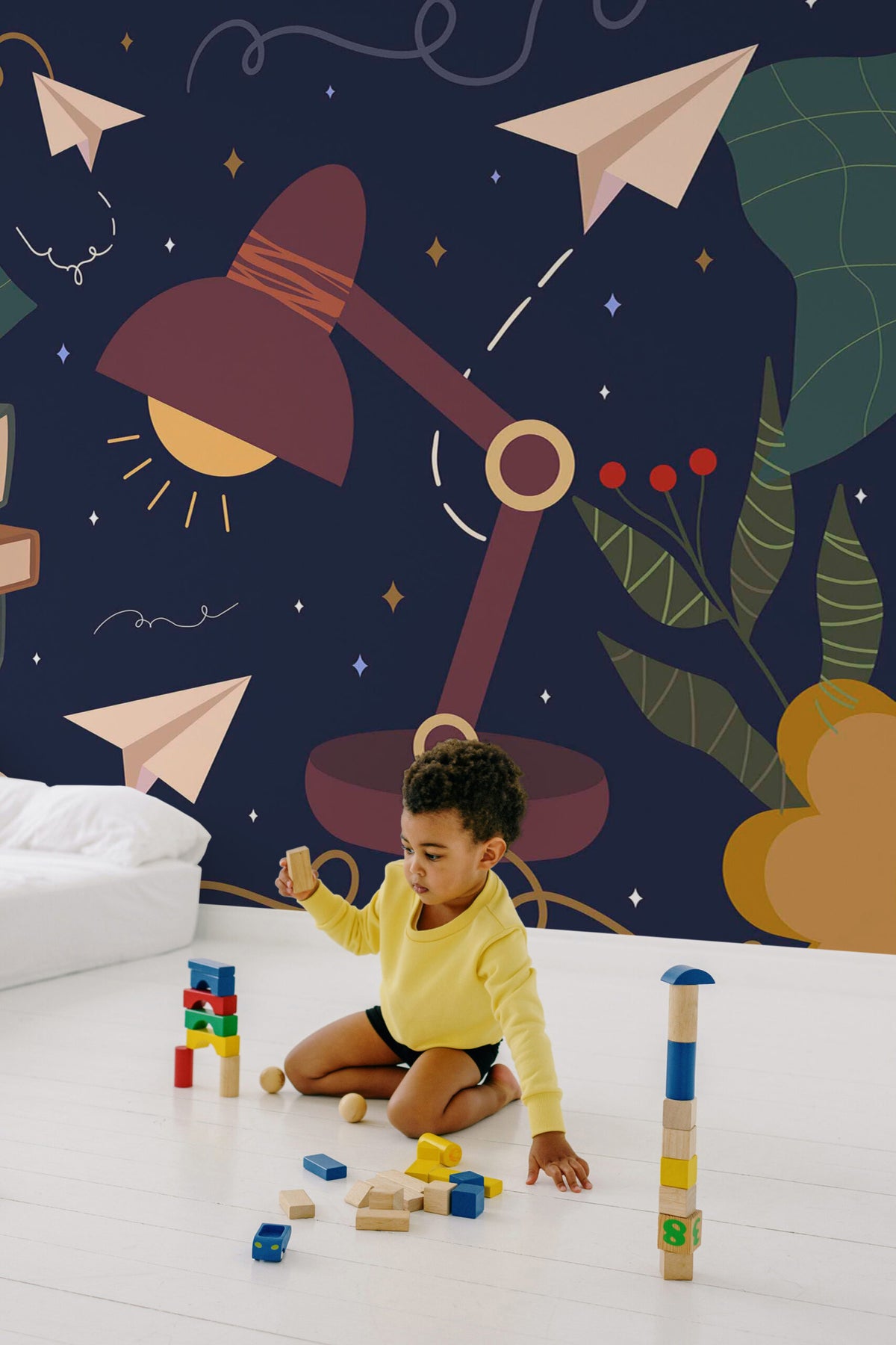 Parede revestida com mural de parede de secretária de estudo fantástica azul-marinho