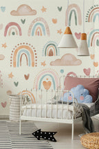 Arco-íris repetidos em bege e branco num mural de parede de estilo boho