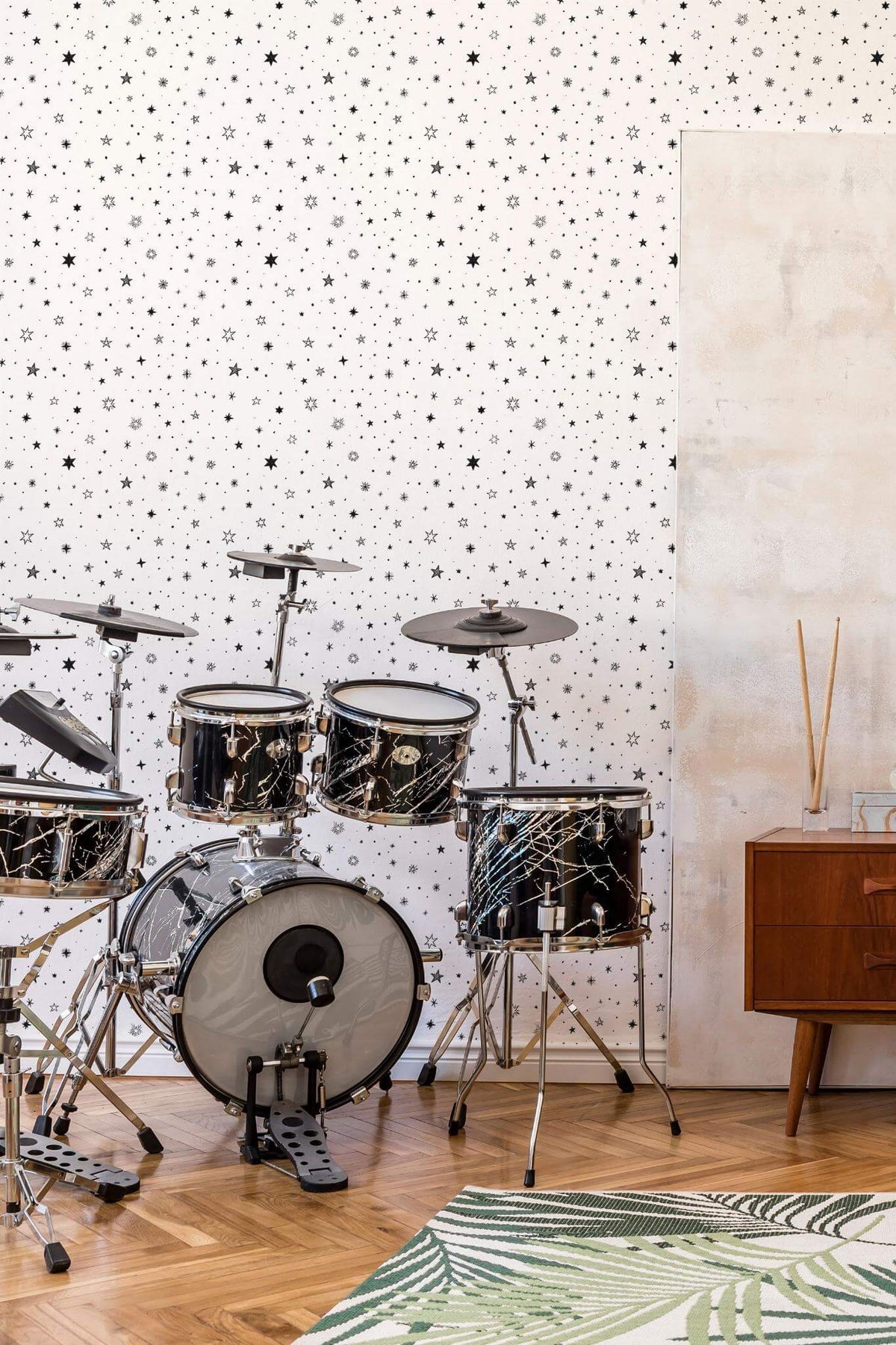 Papel de parede estrelas preto e branco minimalista