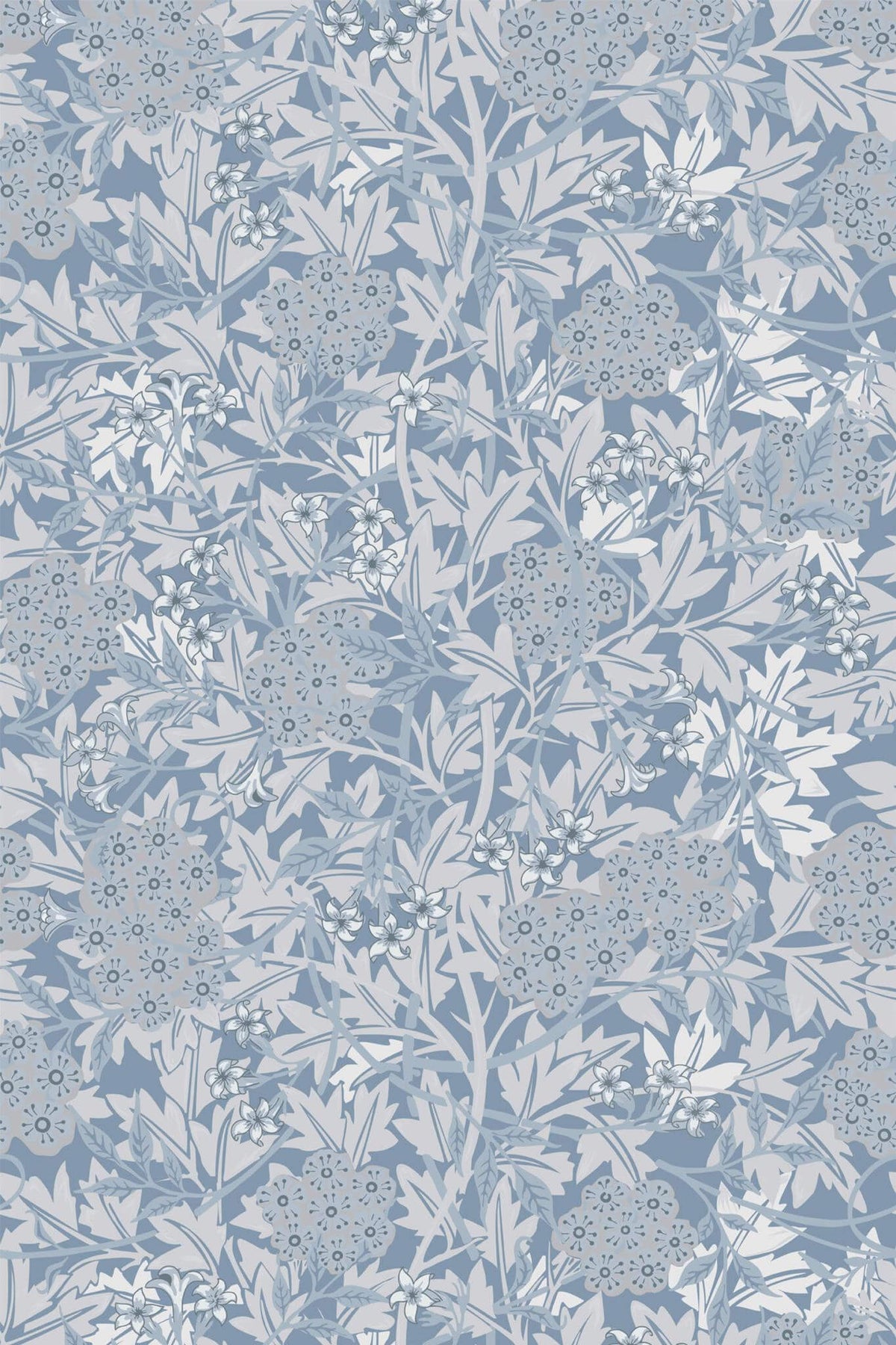 Padrão de folhagem vintage em azul e cinzento sobre fundo branco, visto de perto