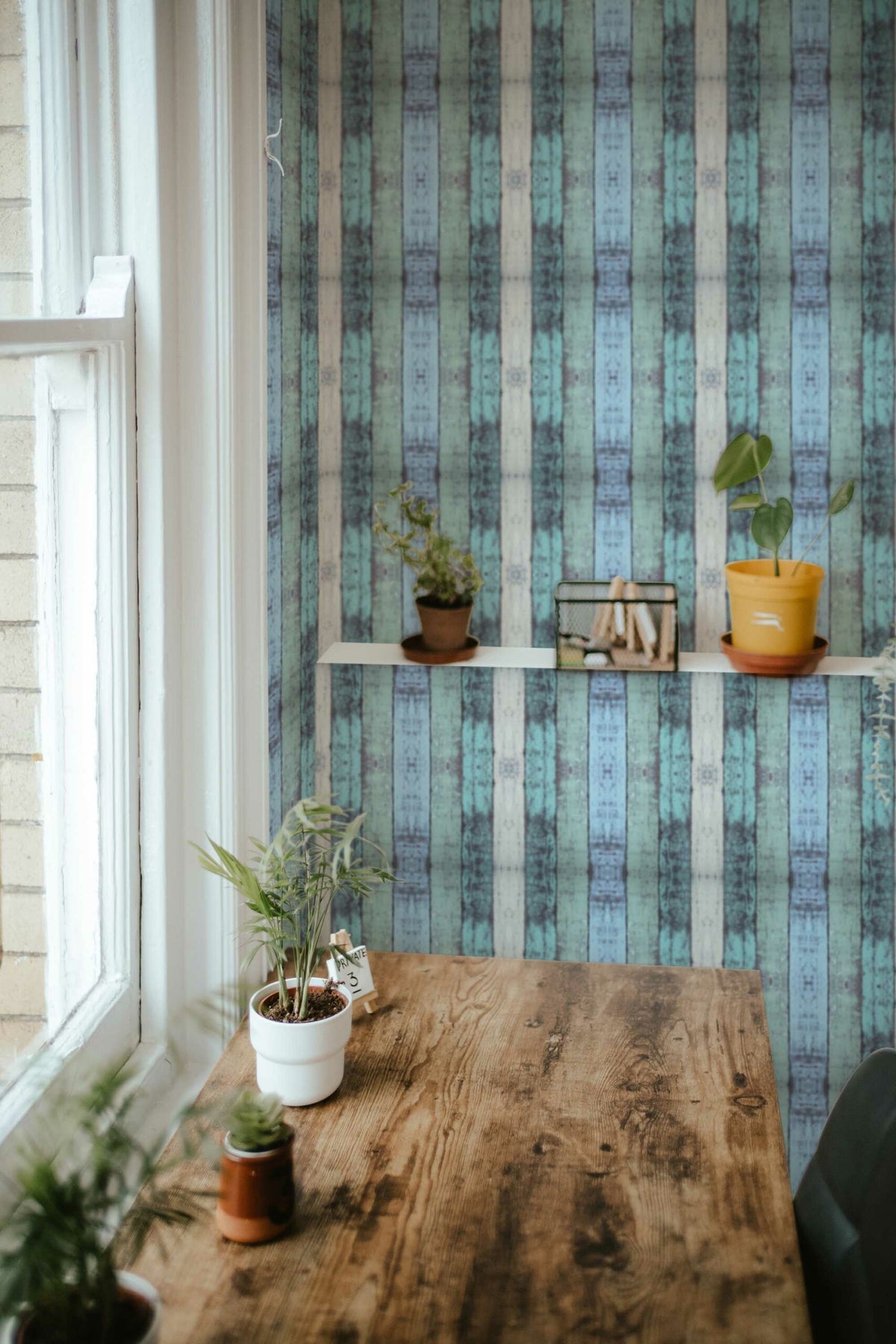 Papel de parede madeira rústica azul e bege