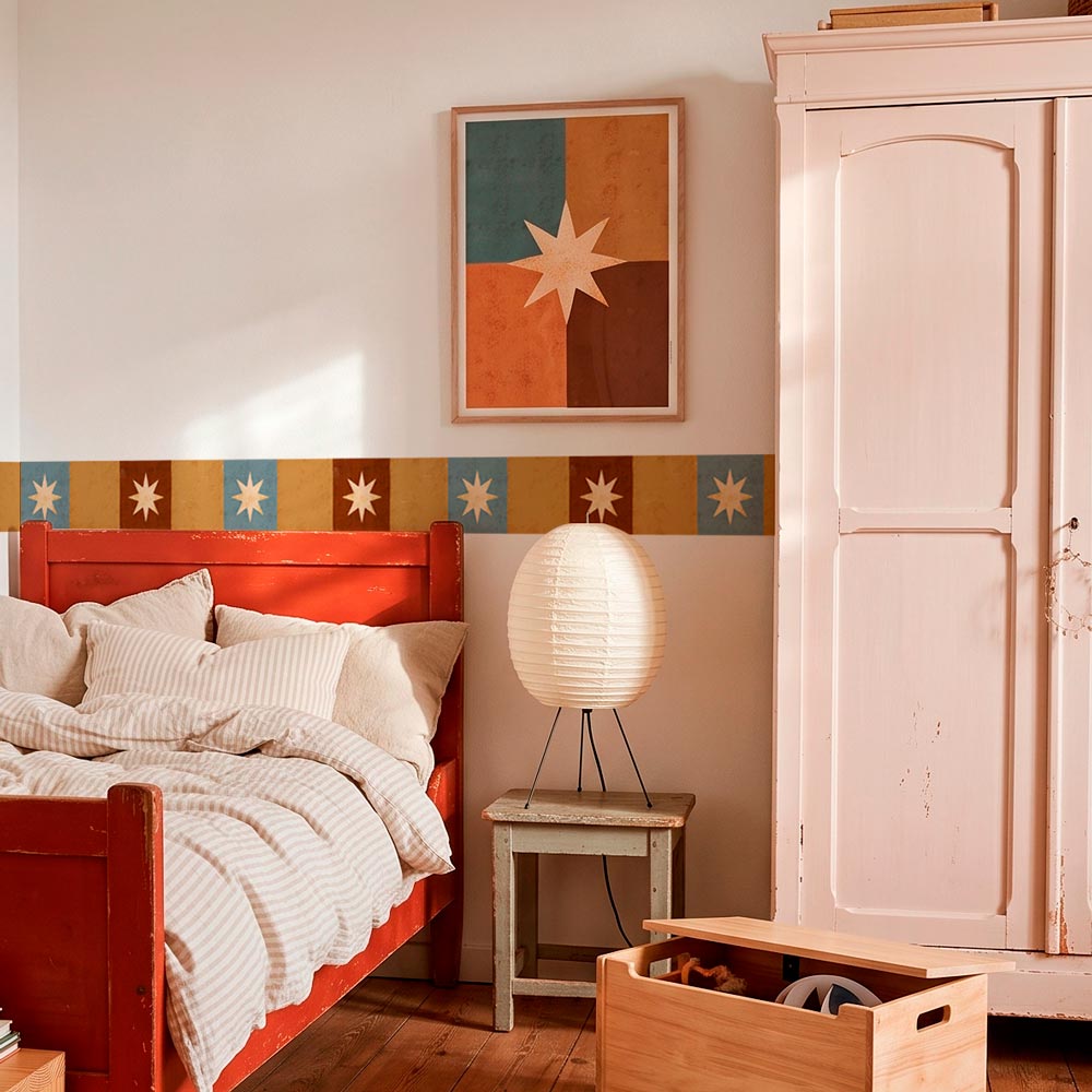 Faixa decorativa estrelas boho terracota e azul