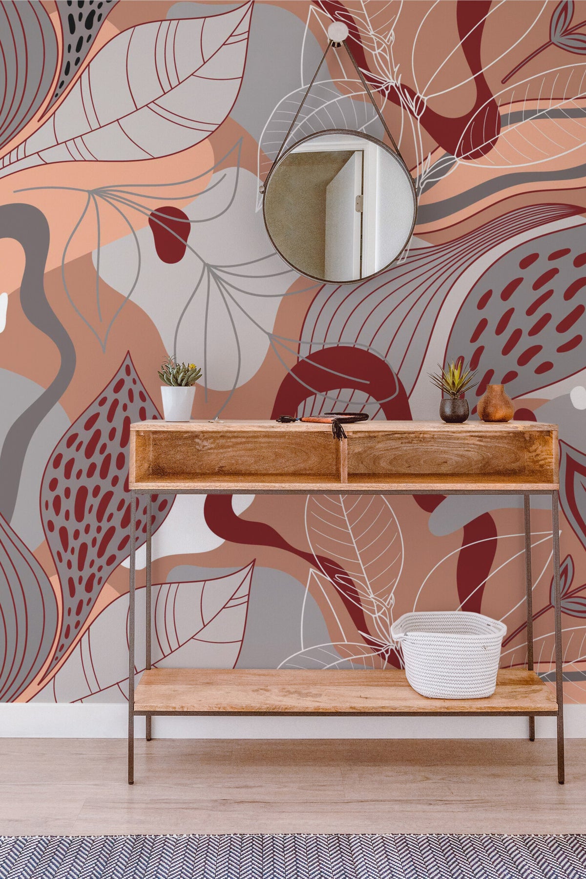 Mural de parede botânico abstrato com folhagem em tons de cinzento e pêssego