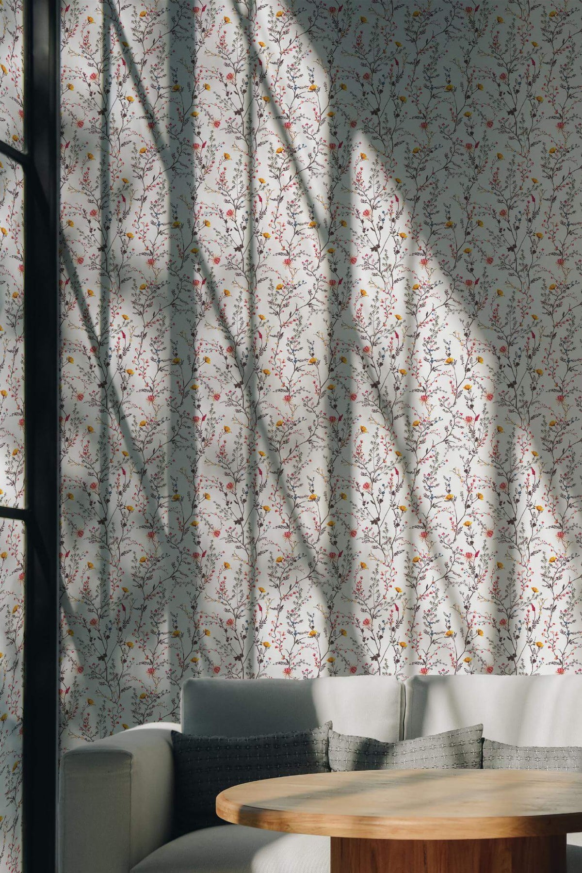 Papel de parede floral botânico vintage bege e branco