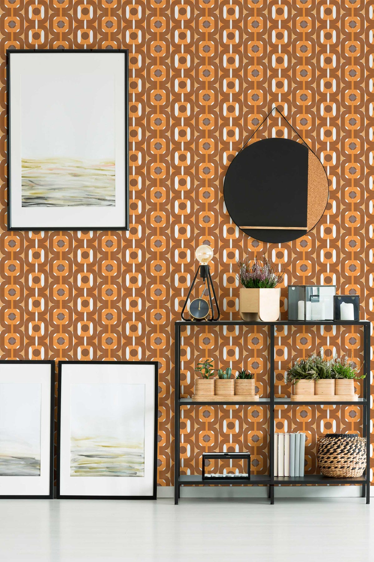 Papel de parede geométrico retro castanho e laranja