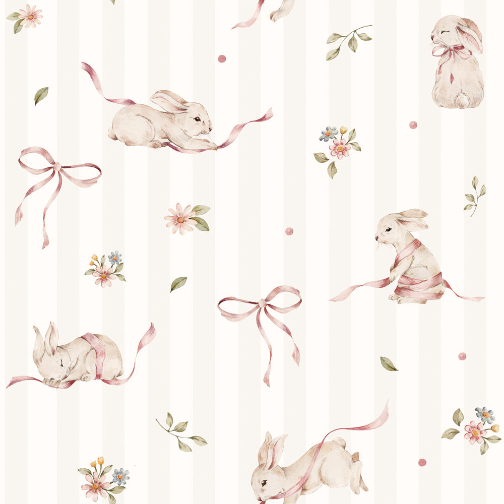 Papel de parede riscas com coelhos rosa infantil — imagem 2