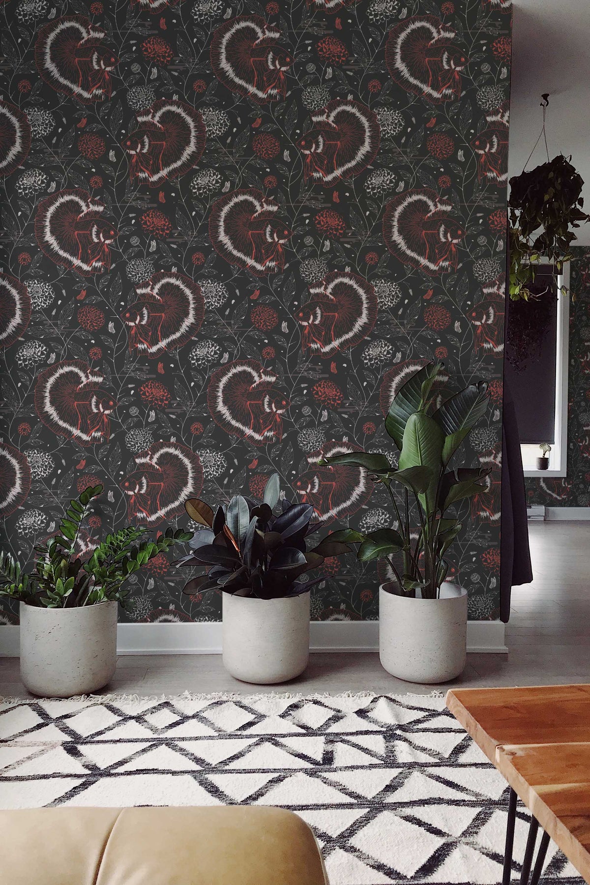 Papel de parede carpas koi chinoiserie vermelho e preto — imagem 3
