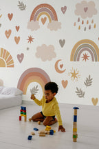 Mural de parede boho com arco-íris em tons suaves de bege