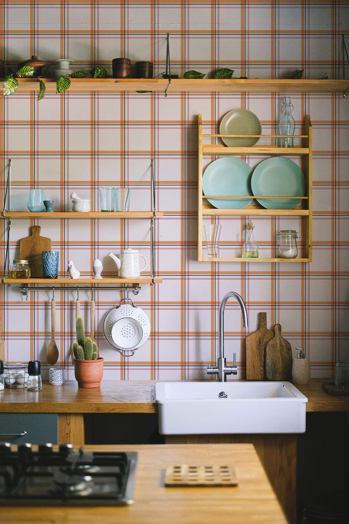 Papel de parede xadrez laranja e branco estilo vintage