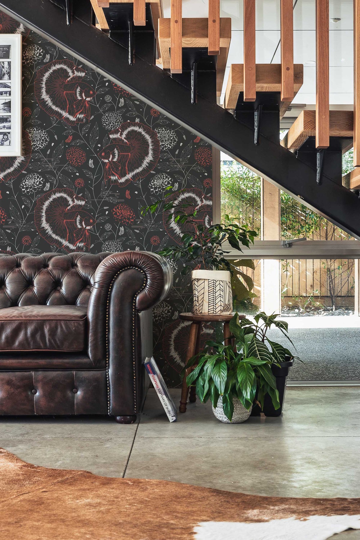 Papel de parede carpas koi chinoiserie vermelho e preto — imagem 4