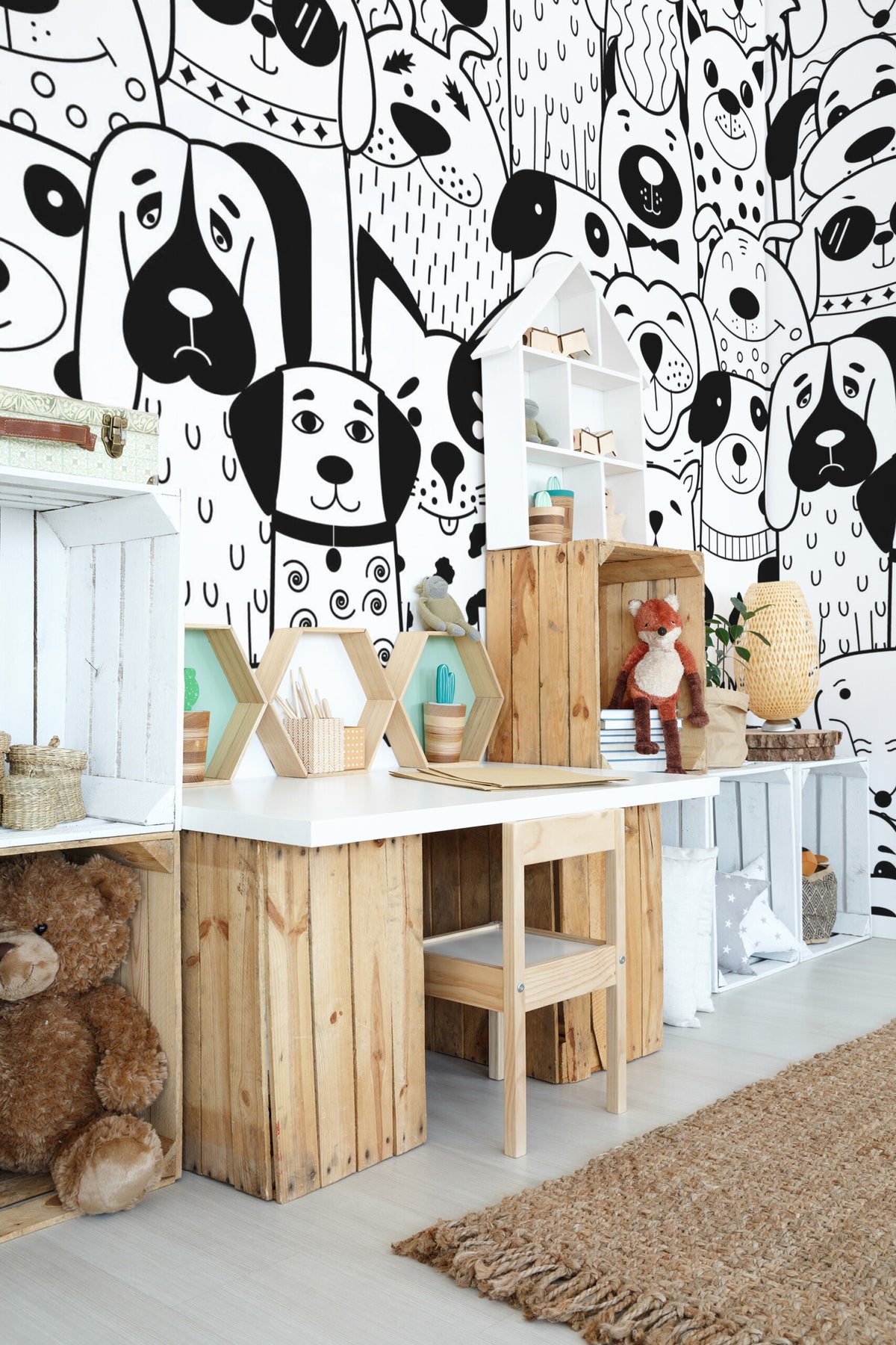 Mural de parede cães desenhados preto e branco