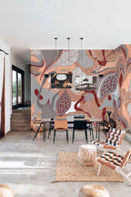 Mural de parede abstrato de inspiração botânica em tons neutros