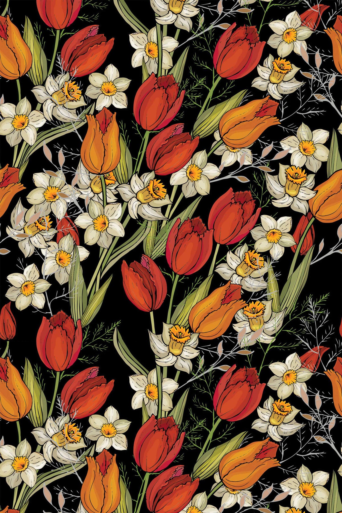 Papel de parede floral tulipas e narcisos fundo preto — imagem 2