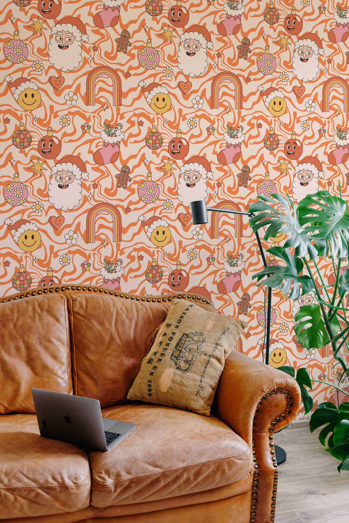 Papel de parede natalício retro anos 70 laranja e rosa