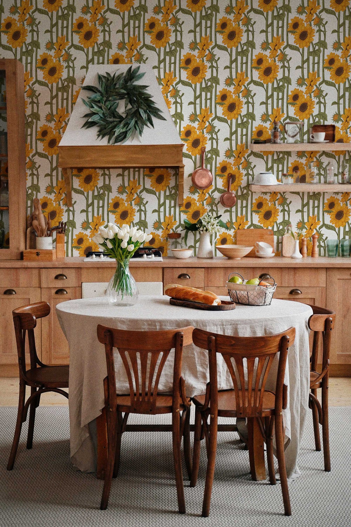 Papel de parede girassóis estilo botânico verde e amarelo