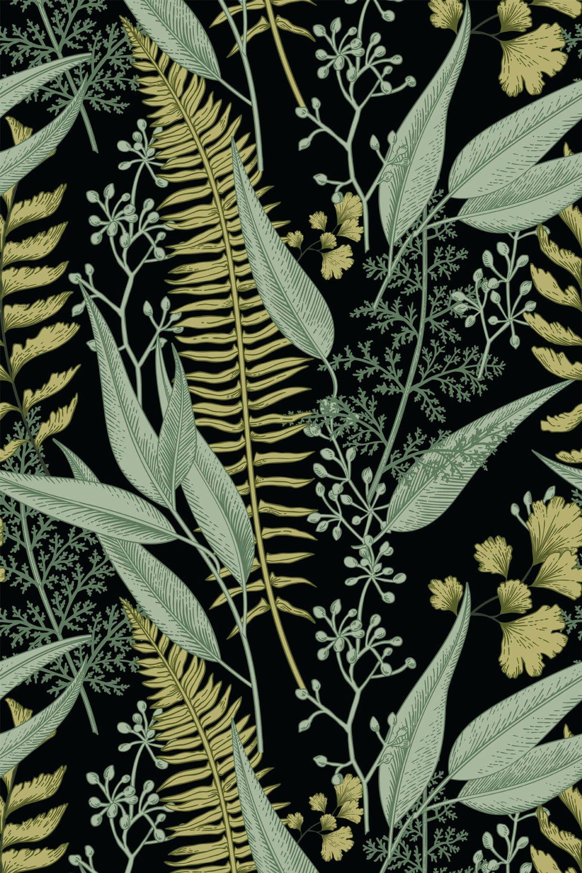 Papel de parede feto botânico verde e preto — imagem 2