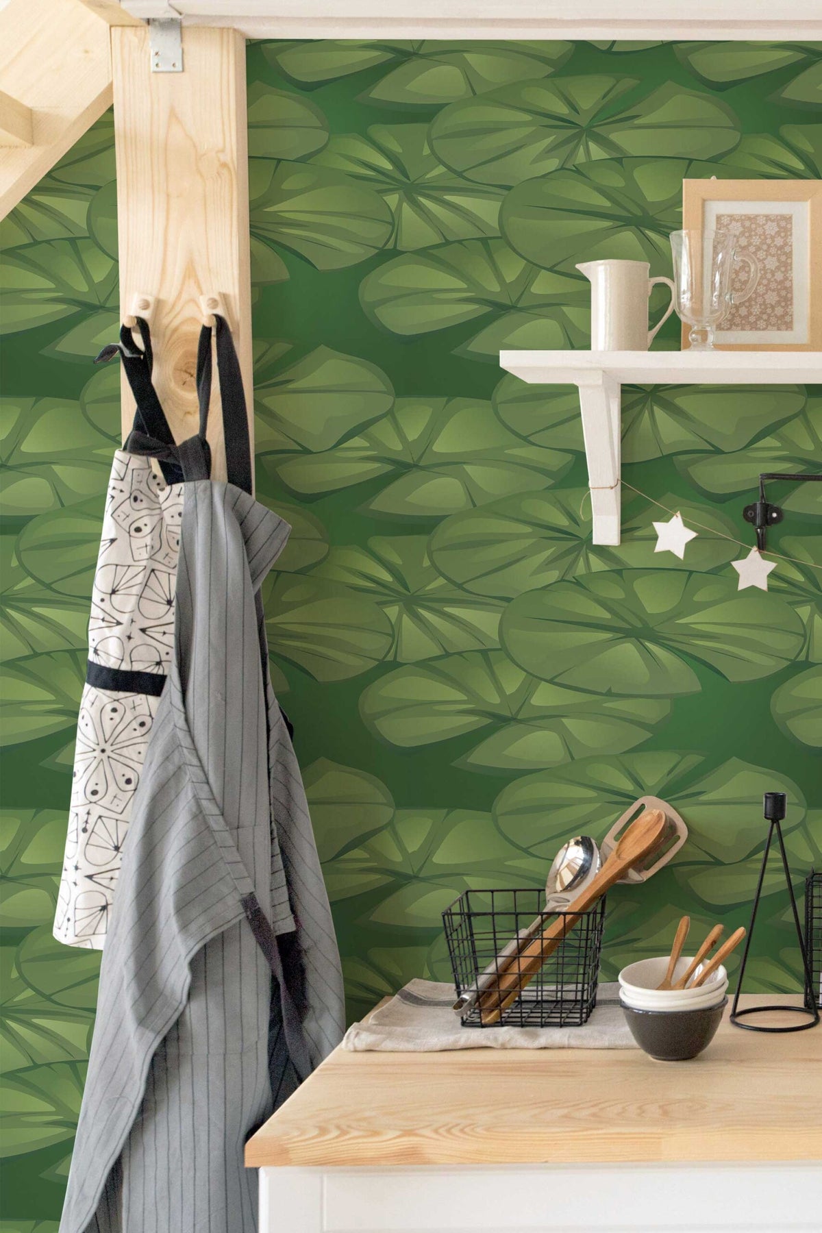 Papel de parede nenúfares estilo botânico verde