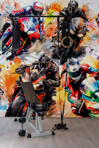 Motivo de motos corrida colorido em mural de parede