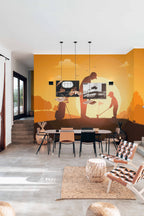 Sala de jantar com mural de parede de golfe ao pôr do sol minimalista