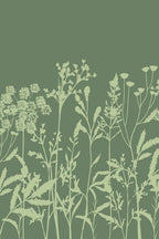 Prado de flores silvestres em tons de verde e bege, desenho completo do mural