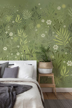 Quarto pequeno com mural de parede de jardim botânico verde