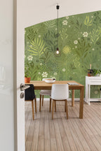 Sala de jantar com mural de parede de jardim botânico em verde suave