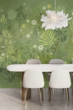 Parede de sala de jantar com mural botânico de flores e folhagem verde