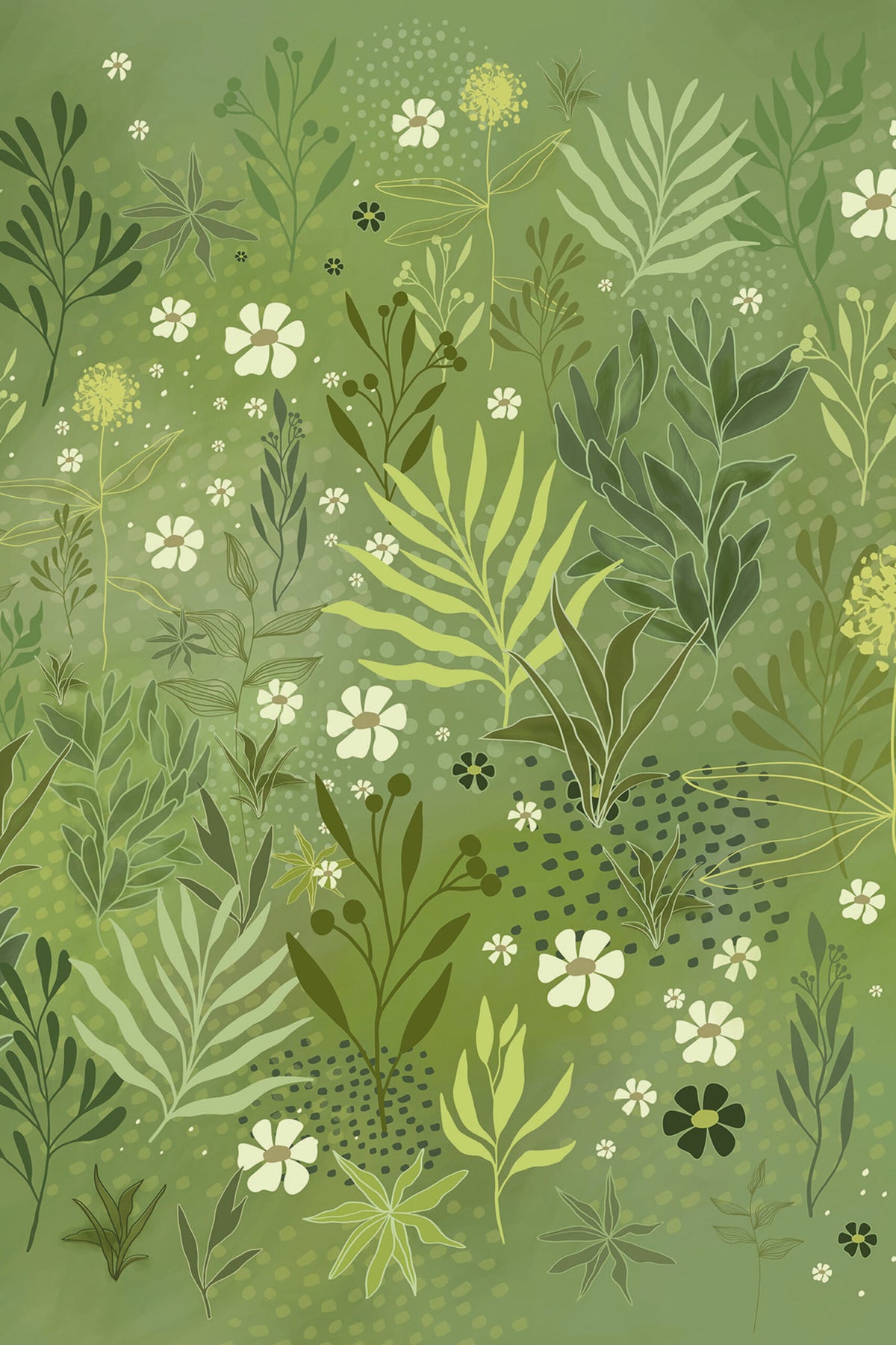 Mural de jardim botânico com flores e folhagem em verde suave, desenho completo