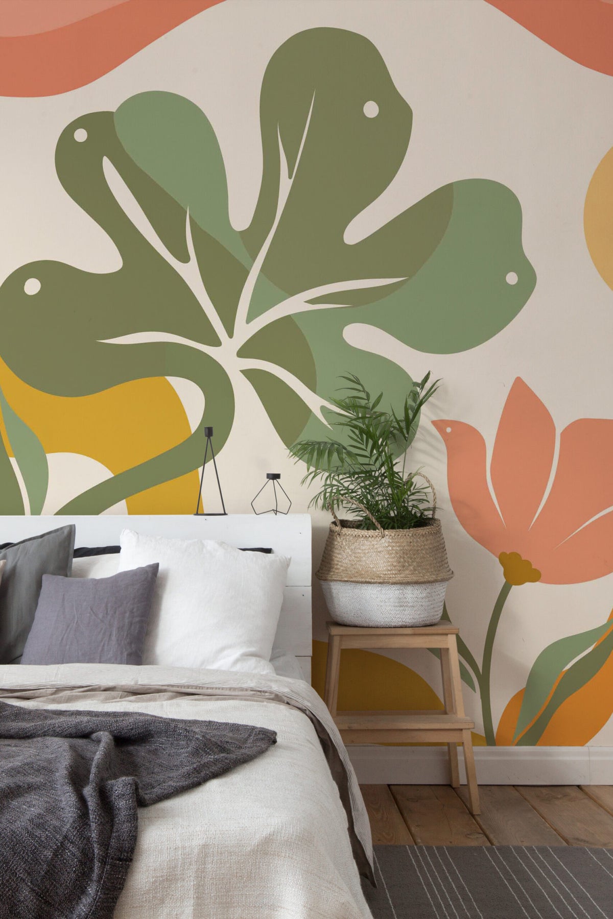 Quarto com mural de parede botânico retro tons quentes