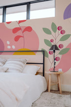 Quarto com mural de parede botânico abstrato tons pêssego