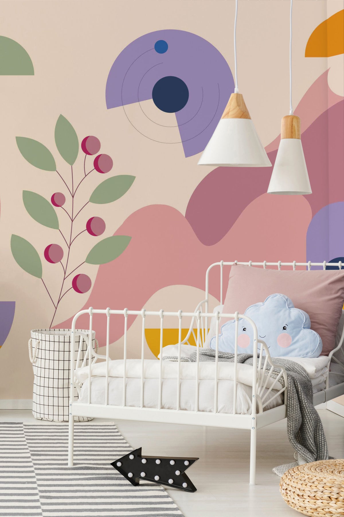 Quarto de criança com mural de parede botânico abstrato tons pêssego