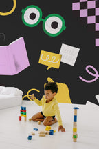 Quarto de criança com mural de parede de doodles estudo preto e lavanda