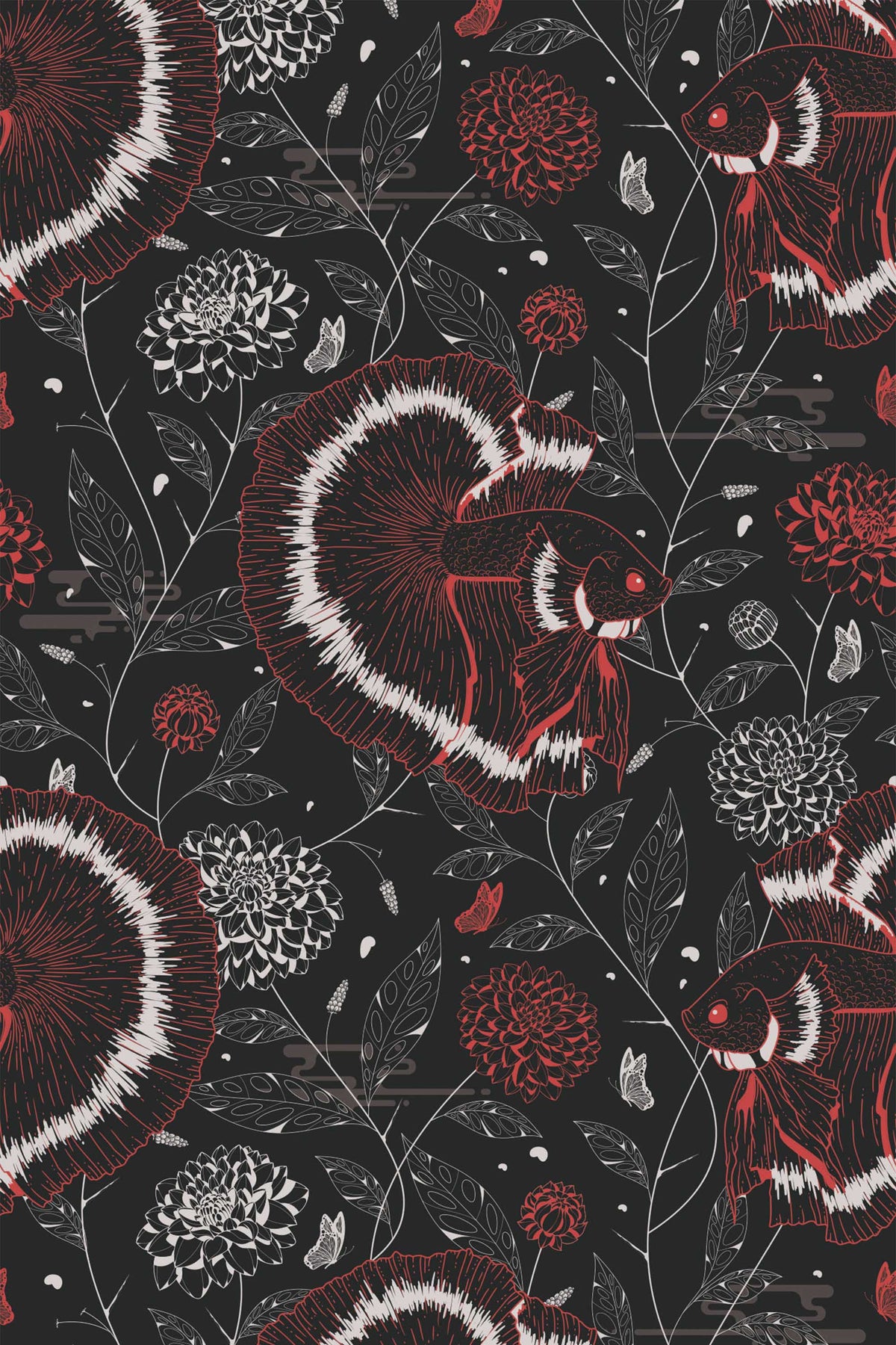 Papel de parede carpas koi chinoiserie vermelho e preto — imagem 2