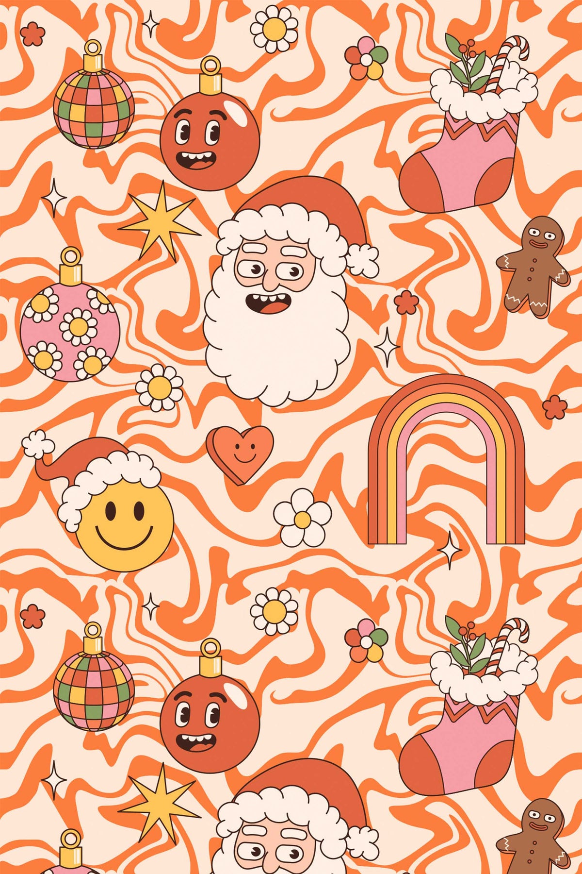Papel de parede natalício retro anos 70 laranja e rosa — imagem 2