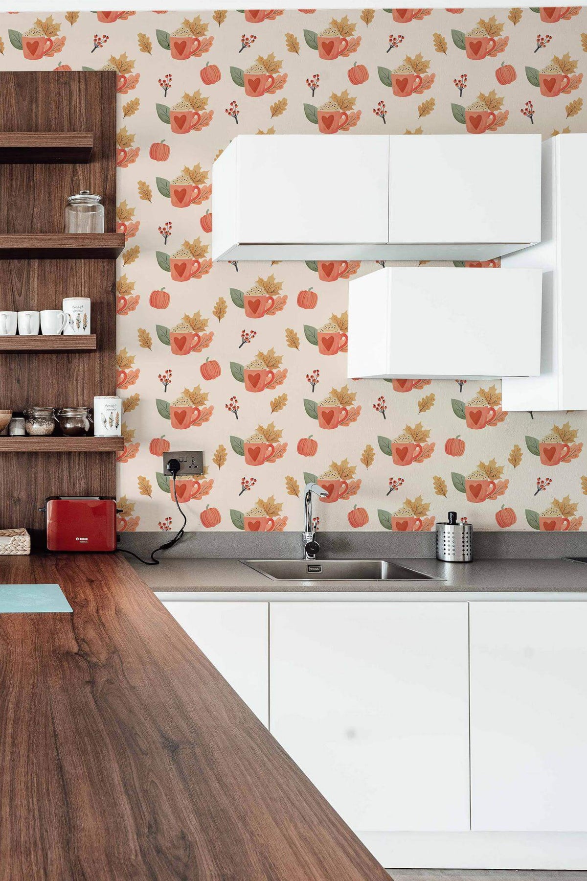 Papel de parede abóboras e canecas estilo farmhouse laranja