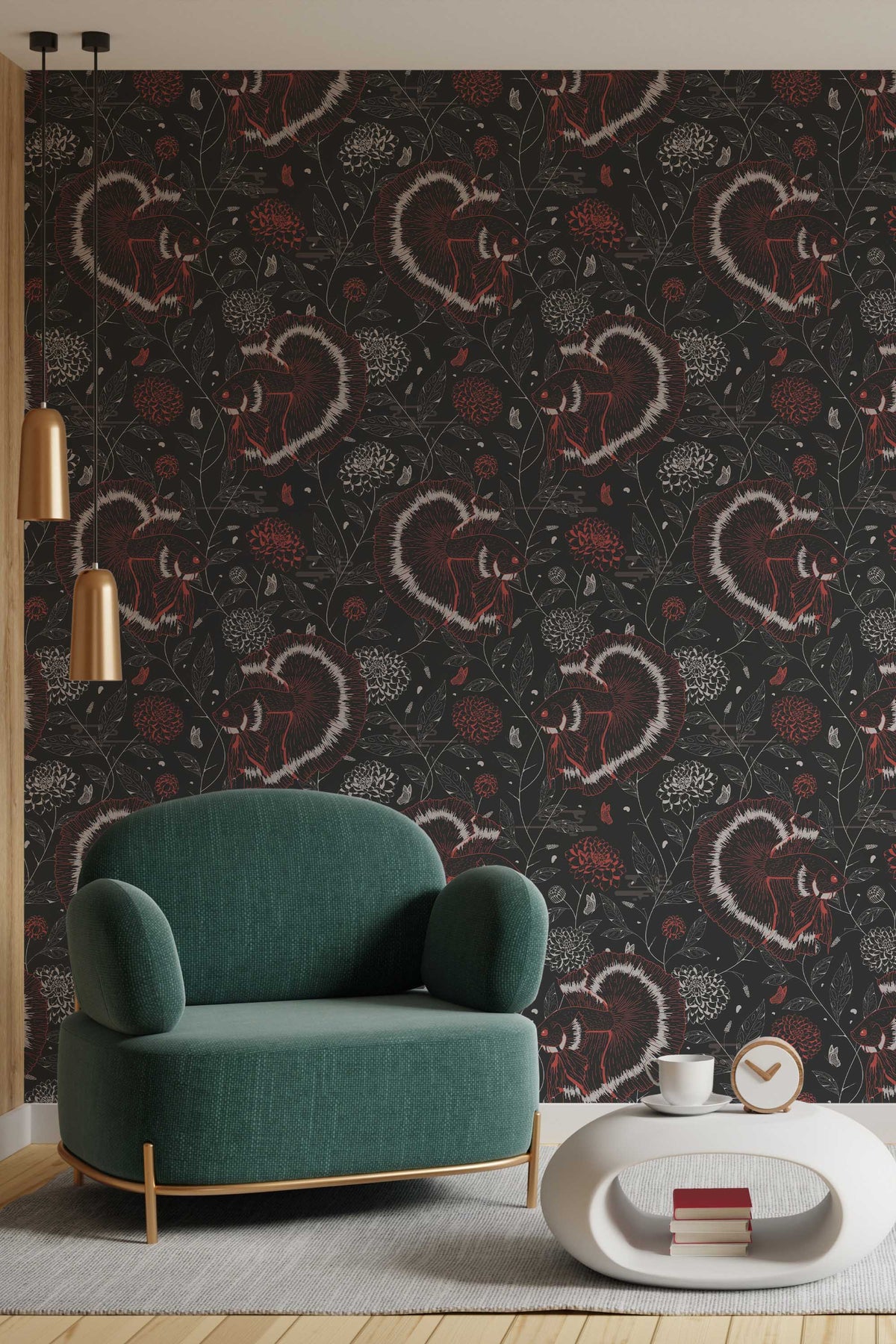 Papel de parede carpas koi chinoiserie vermelho e preto