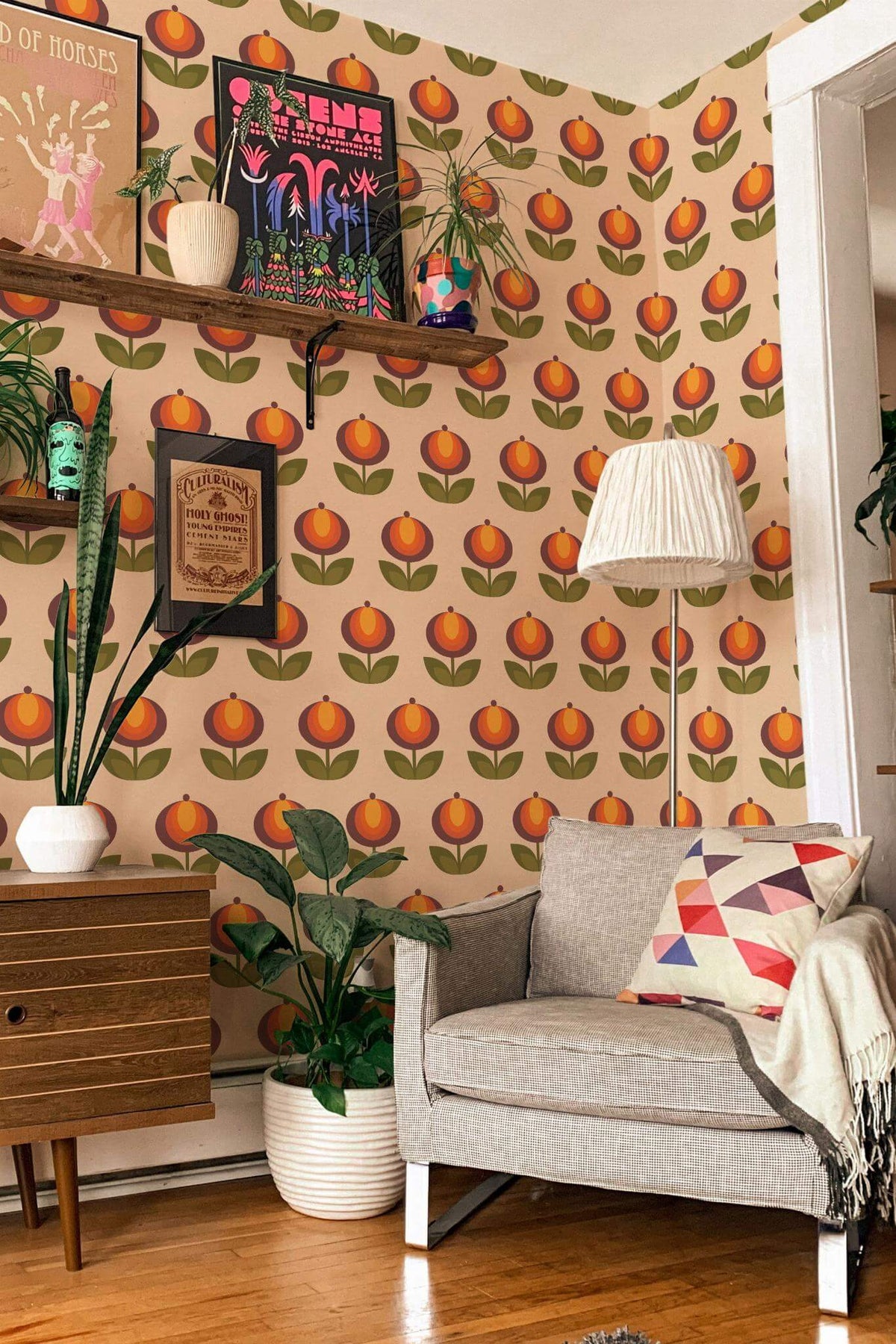 Papel de parede floral retro laranja e castanho — imagem 3
