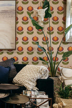 Papel de parede floral retro laranja e castanho