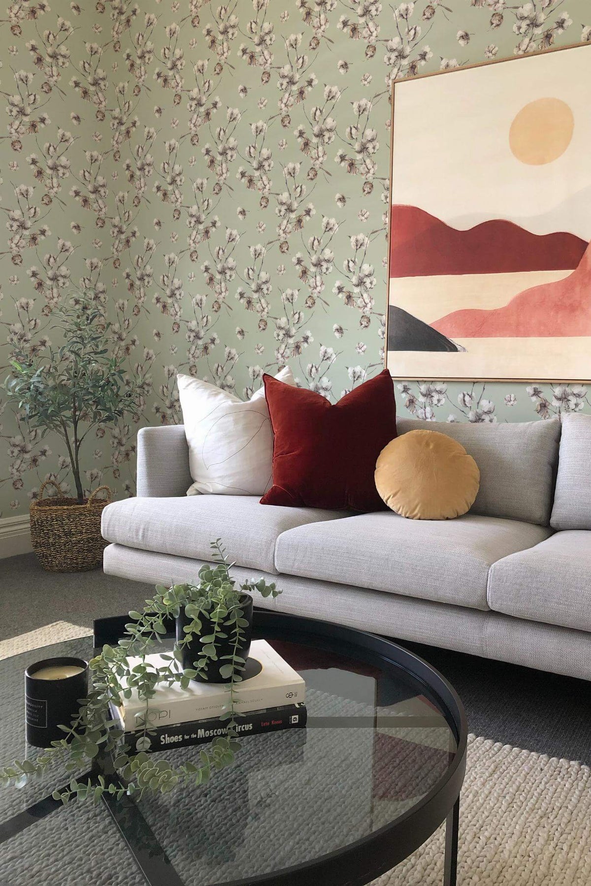 Papel de parede flores de algodão verde-sálvia