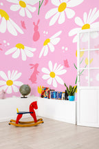 Mural de parede coelhos primavera rosa floral