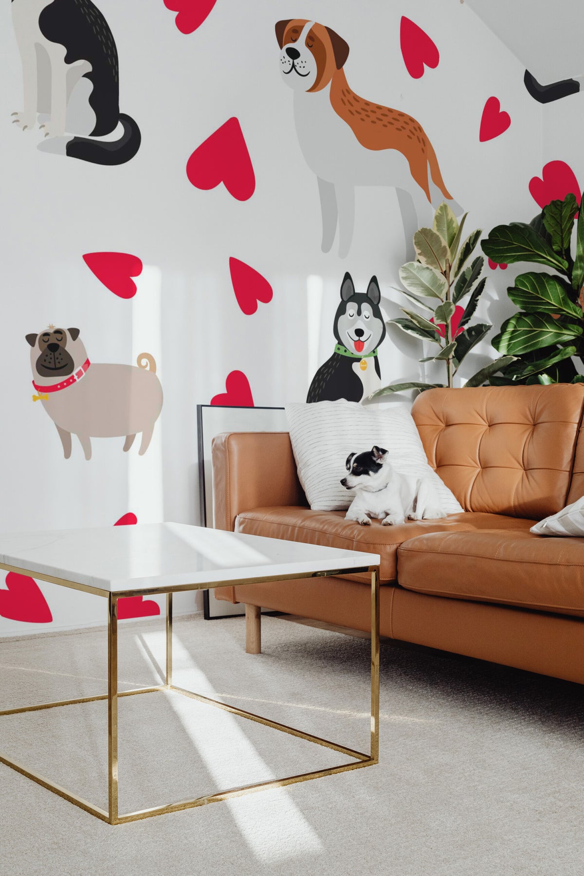 Mural de parede cachorros com corações vermelho