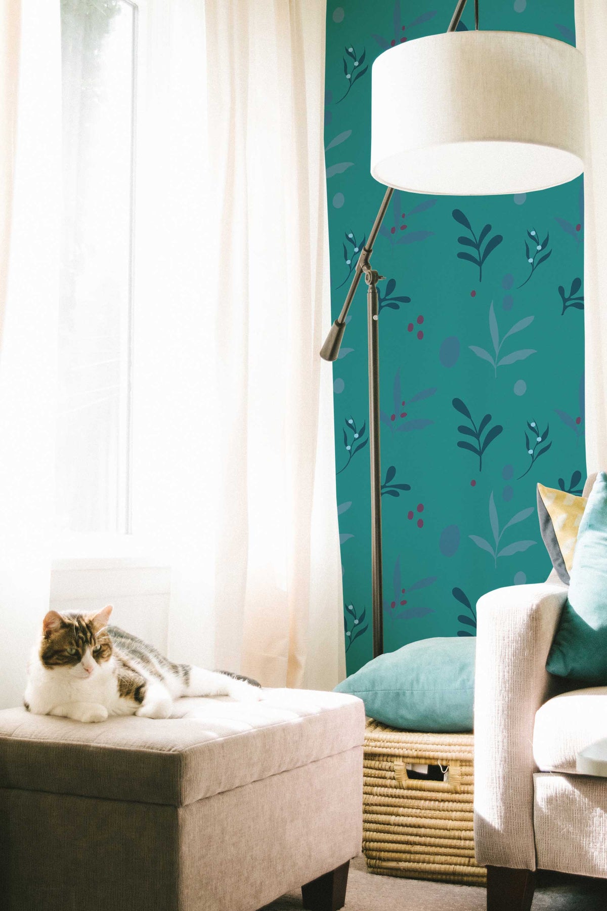 Papel de parede floral teal com folhas e bagas — imagem 4
