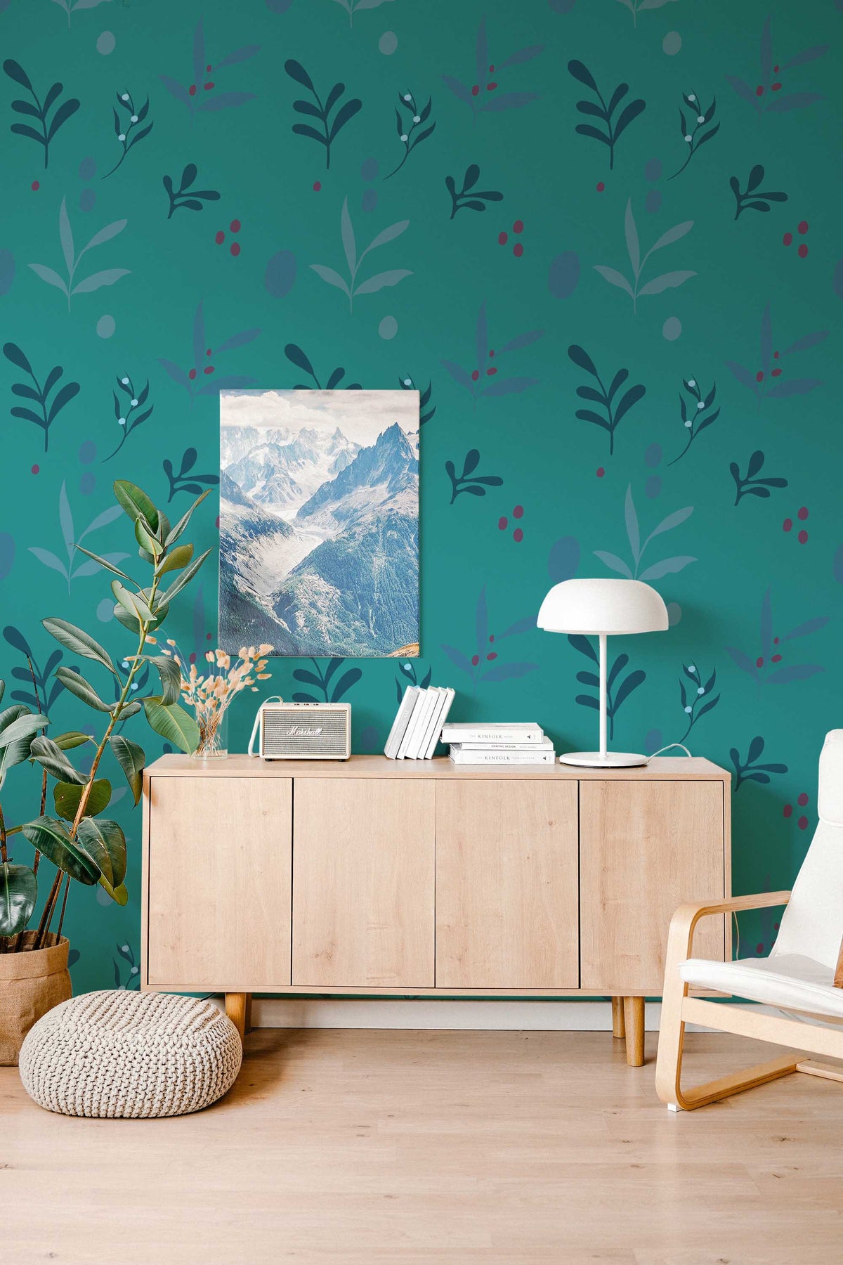 Papel de parede floral teal com folhas e bagas